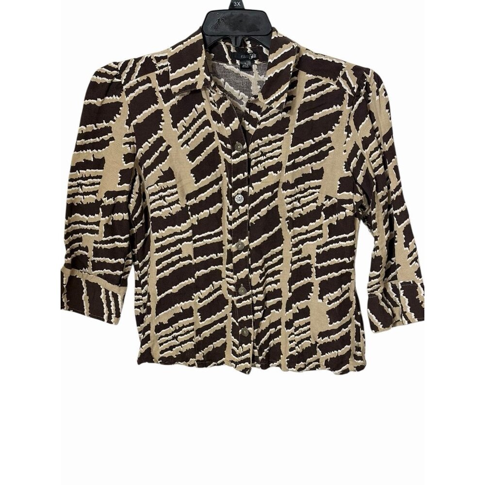 East 5th Street Women Top Size S Brown Tan White Button Down 3/4 Sleeve Collar